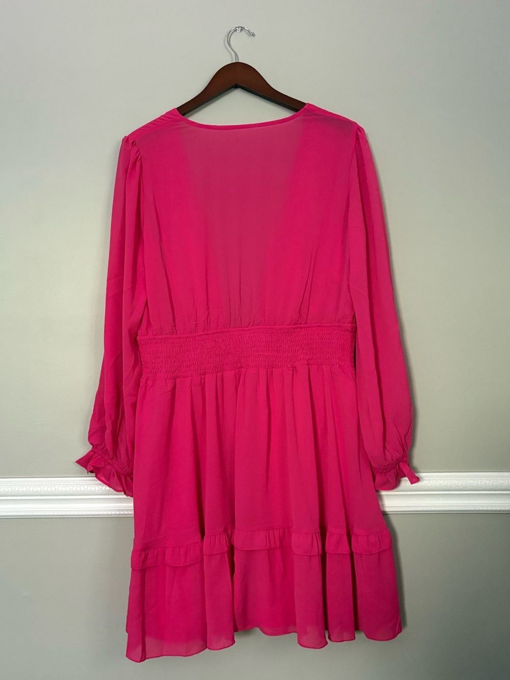 Hot Pink Bow Front Smocked Mini Dress Plus Size 2XL Long Sleeve Lined Barbiecore - Picture 8 of 11
